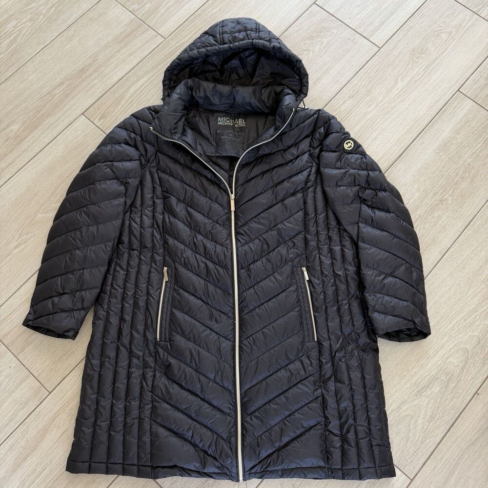 Michael Kors Black Full Zip Hooded Packable Down Puffer Coat 1X Pllus Jacket